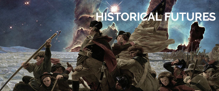 Perspectives on History December 2022 Cover. Collage of a painting of George Washington crossing the Delaware River with the background of a Hubble Space Telescope photo of space.
